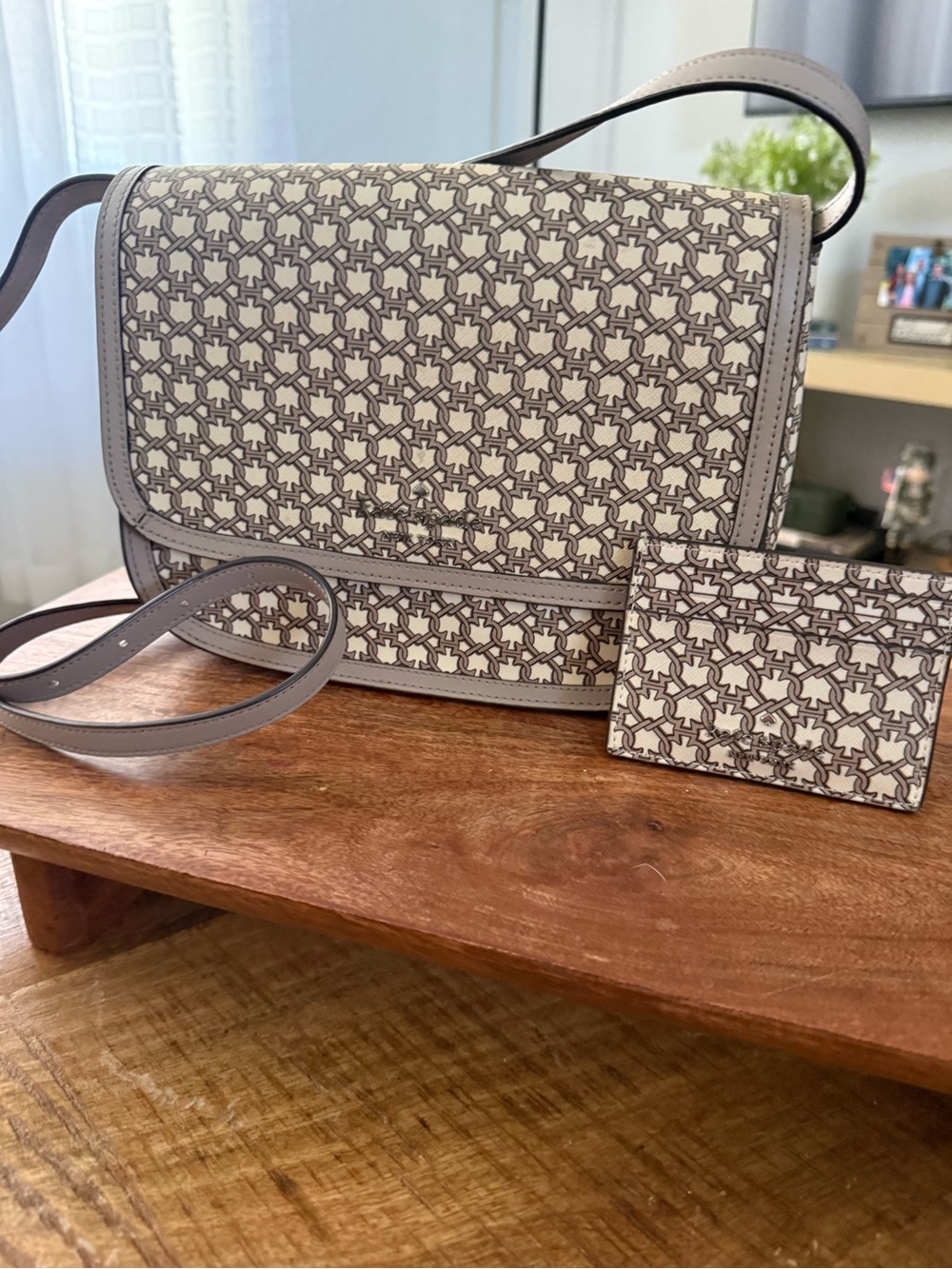 kate spade Cream and Taupe Geometric Logo  Crossbody and Card Holder